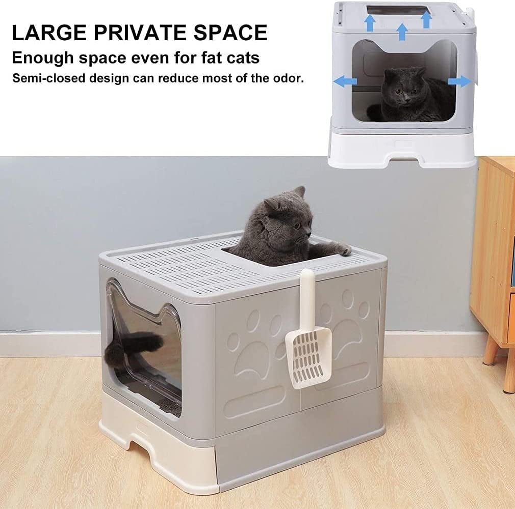Premium Foldable Cat Litter Box with Lid and Scoop, Drawer-Style Design for Easy Cleaning - Self-Cleaning Cat Litter Solution (Gray)