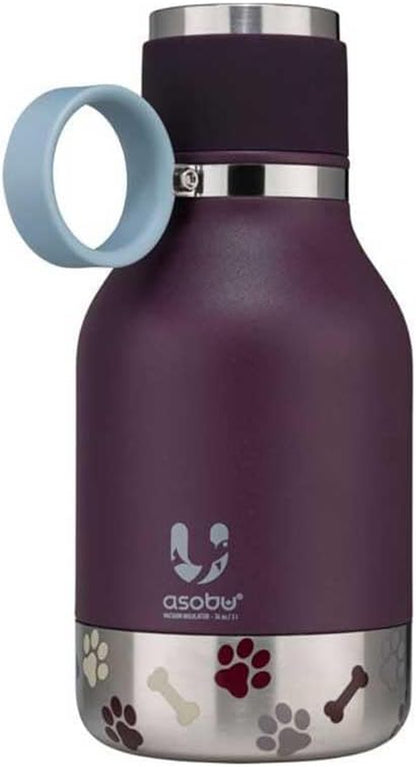 Stainless Steel Insulated Water Bottle with Removable Dog Water Bowl and Food Storage Bowl - Burgundy, 37 Oz Capacity
