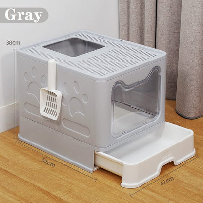 Premium Foldable Cat Litter Box with Lid and Scoop, Drawer-Style Design for Easy Cleaning - Self-Cleaning Cat Litter Solution (Gray)