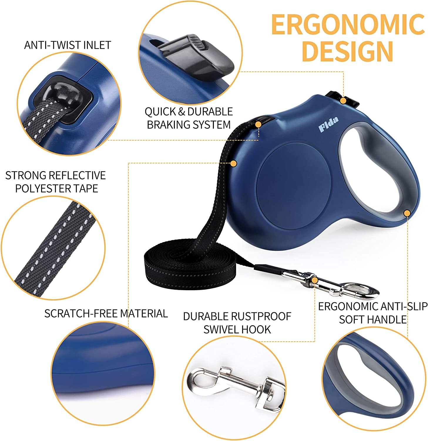 Retractable Dog Leash with Integrated Dispenser and Waste Bags, 16 Ft Leash for Large Dogs up to 110 Lbs, Anti-Slip Handle, Tangle-Free Design, Reflective Nylon Tape (Large, Navy Blue)