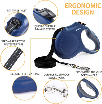 Retractable Dog Leash with Integrated Dispenser and Waste Bags, 16 Ft Leash for Large Dogs up to 110 Lbs, Anti-Slip Handle, Tangle-Free Design, Reflective Nylon Tape (Large, Navy Blue)