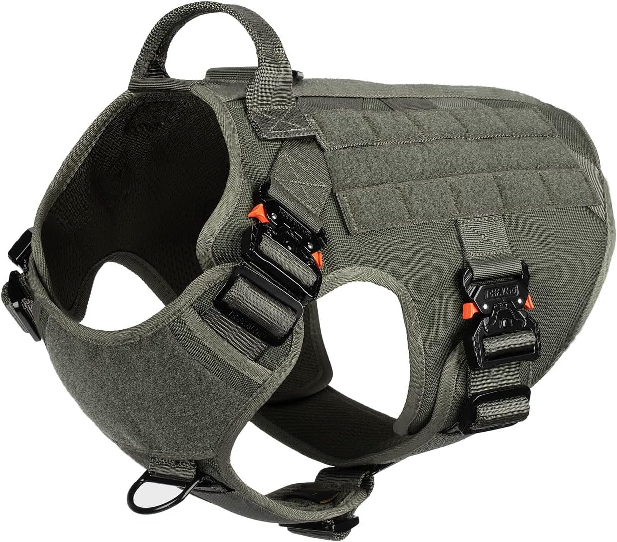Professional Tactical Dog Harness with 4X Metal Buckles, MOLLE K9 Vest for Working Dogs, No-Pull Front Clip, Adjustable Large Dog Harness (Size L: 28"-35" Chest), Green