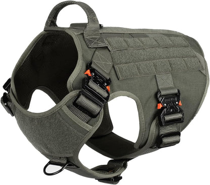 Professional Tactical Dog Harness with 4X Metal Buckles, MOLLE K9 Vest for Working Dogs, No-Pull Front Clip, Adjustable Large Dog Harness (Size L: 28"-35" Chest), Green