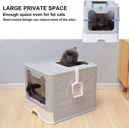 Premium Foldable Cat Litter Box with Lid and Scoop, Drawer-Style Design for Easy Cleaning - Self-Cleaning Cat Litter Solution (Gray)