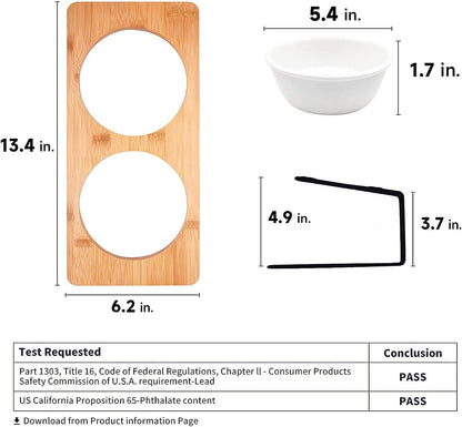 Elevated Ceramic Cat Bowls with 15° Tilted Design, Bamboo Stand Feeder Set for Cats and Small Dogs