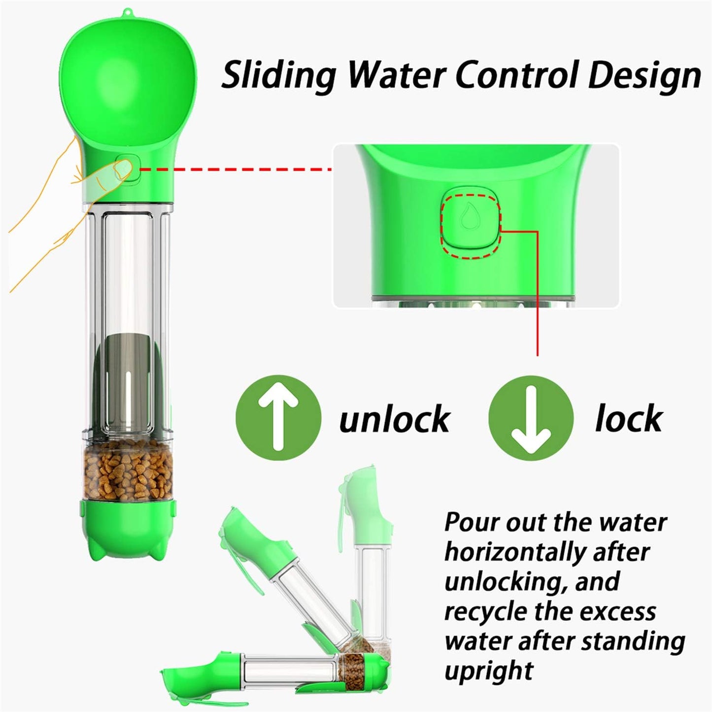 Multifunctional 4-in-1 Dog Travel Water Bottle with Food Container, Shovel, and Waste Bags - 500ml (Green)