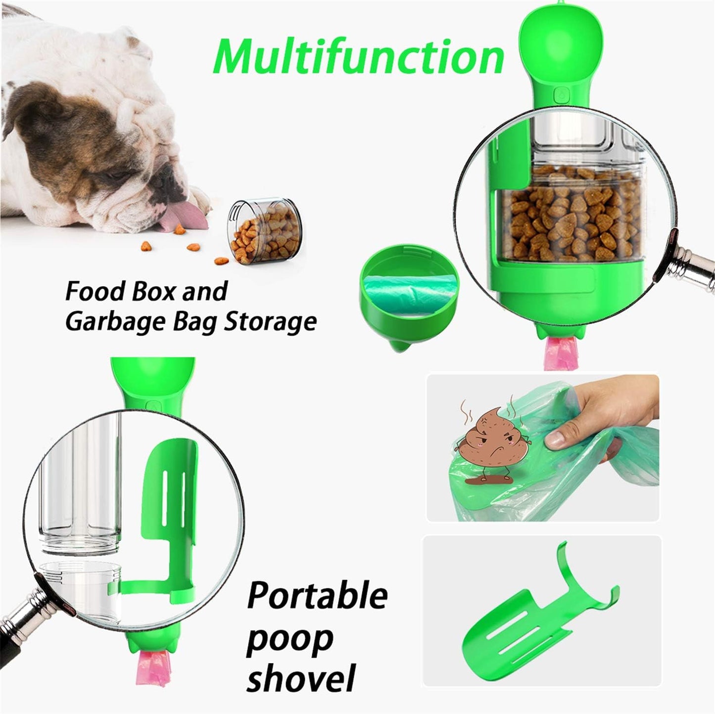 Multifunctional 4-in-1 Dog Travel Water Bottle with Food Container, Shovel, and Waste Bags - 500ml (Green)