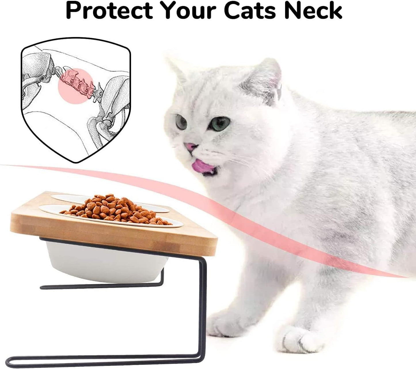 Elevated Ceramic Cat Bowls with 15° Tilted Design, Bamboo Stand Feeder Set for Cats and Small Dogs