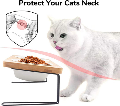 Elevated Ceramic Cat Bowls with 15° Tilted Design, Bamboo Stand Feeder Set for Cats and Small Dogs