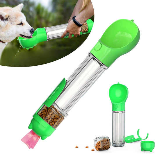 Multifunctional 4-in-1 Dog Travel Water Bottle with Food Container, Shovel, and Waste Bags - 500ml (Green)