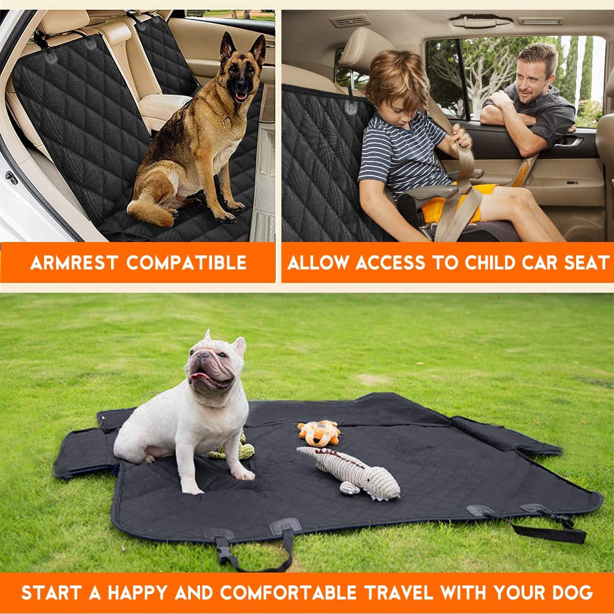 Premium Waterproof Dog Car Seat Cover - Non-Slip Back Seat Protector for Most Cars, Trucks, and SUVs with Middle Armrest Compatibility - Black
