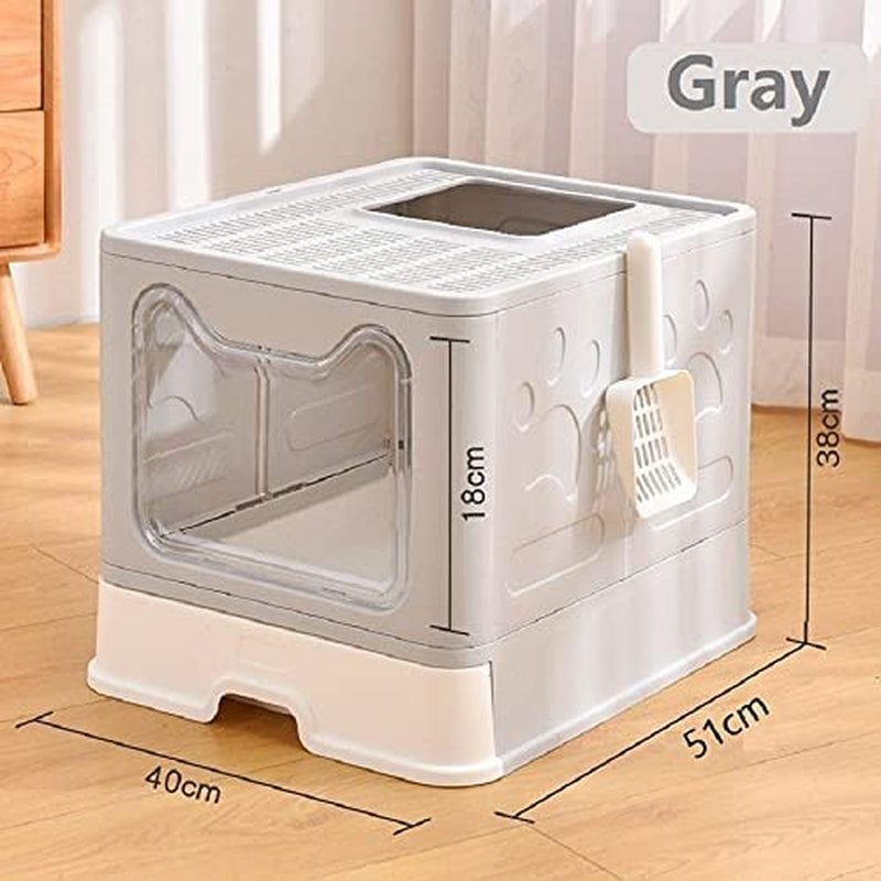 Premium Foldable Cat Litter Box with Lid and Scoop, Drawer-Style Design for Easy Cleaning - Self-Cleaning Cat Litter Solution (Gray)