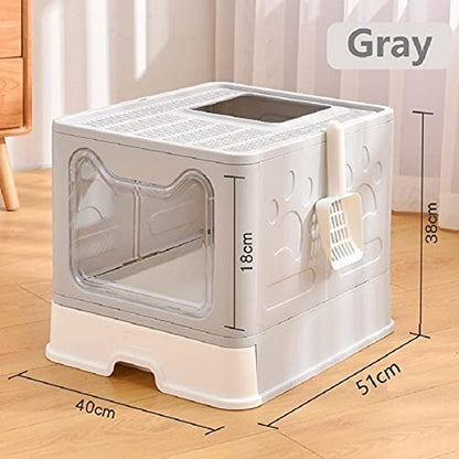 Premium Foldable Cat Litter Box with Lid and Scoop, Drawer-Style Design for Easy Cleaning - Self-Cleaning Cat Litter Solution (Gray)