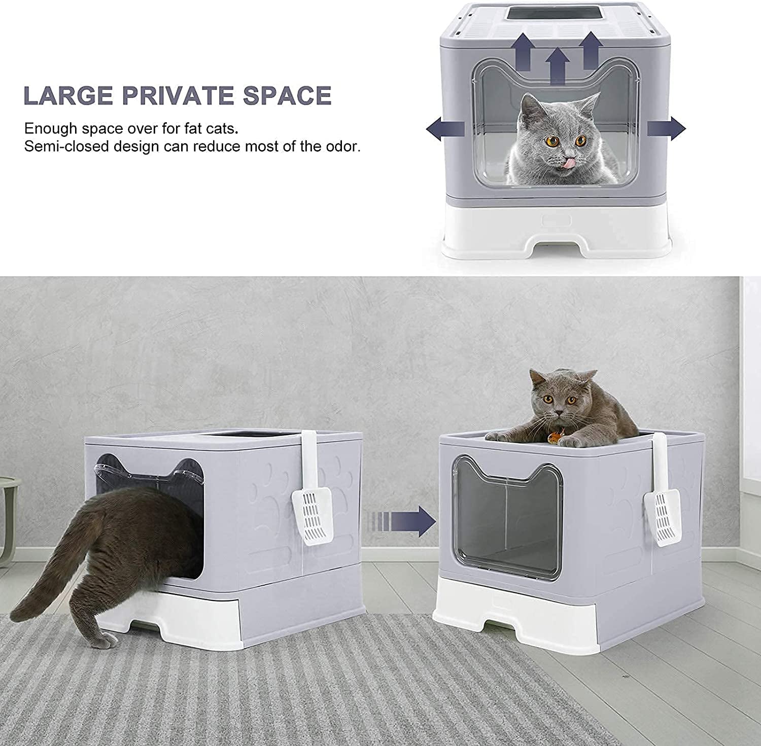 Premium Foldable Cat Litter Box with Lid and Scoop, Drawer-Style Design for Easy Cleaning - Self-Cleaning Cat Litter Solution (Gray)