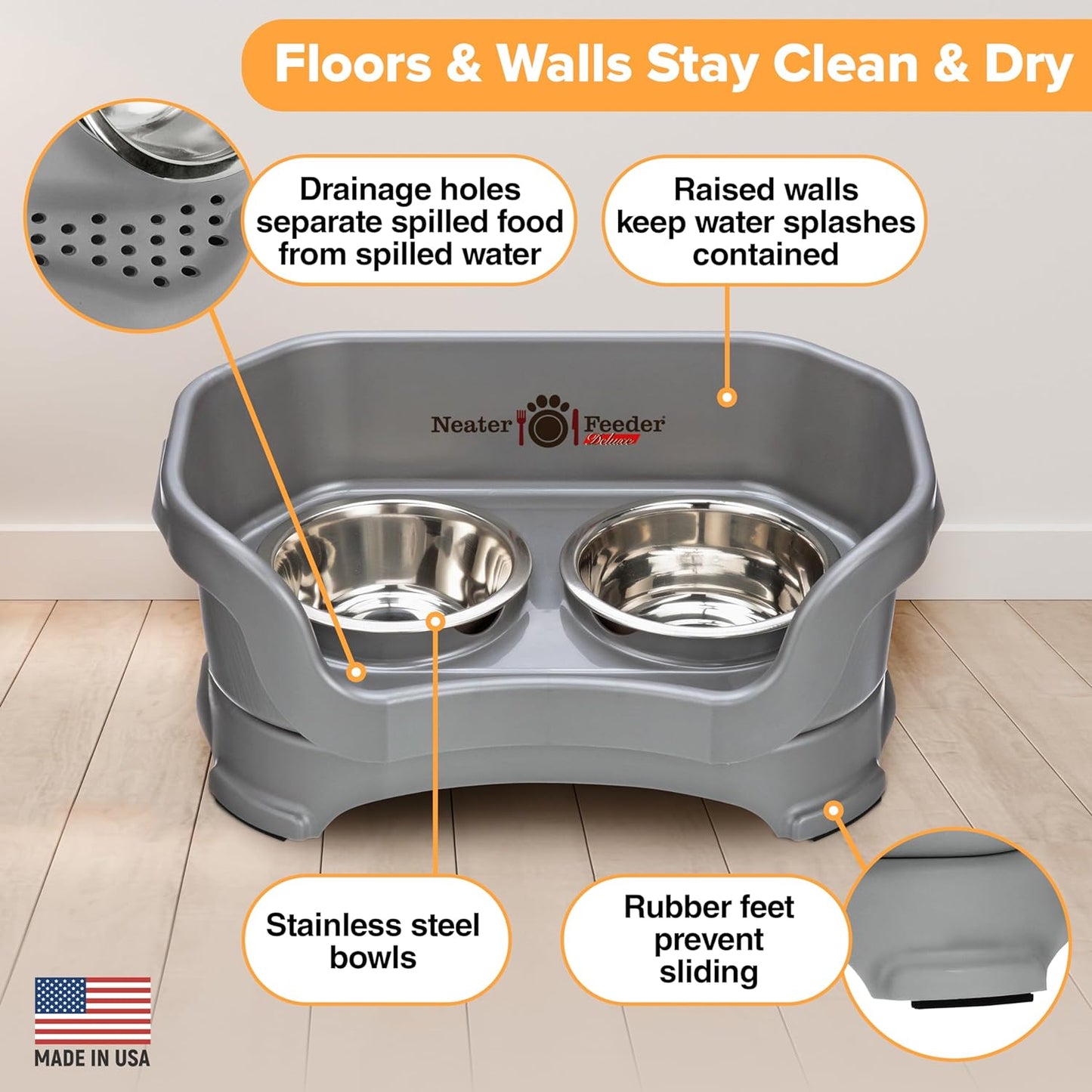 Neater Feeder Deluxe Elevated Dog Bowls for Small Dogs under 19 lbs - Made in USA, Spill-Proof Feeding Station with Food and Water Bowl Set, Gunmetal Finish