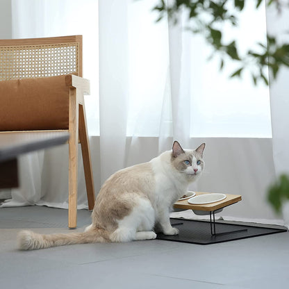 Elevated Ceramic Cat Bowls with 15° Tilted Design, Bamboo Stand Feeder Set for Cats and Small Dogs