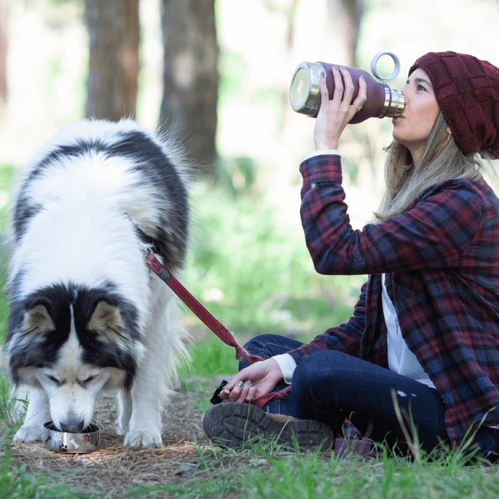Stainless Steel Insulated Water Bottle with Removable Dog Water Bowl and Food Storage Bowl - Burgundy, 37 Oz Capacity