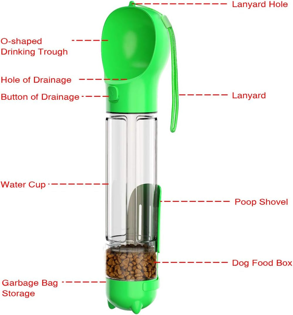 Multifunctional 4-in-1 Dog Travel Water Bottle with Food Container, Shovel, and Waste Bags - 500ml (Green)