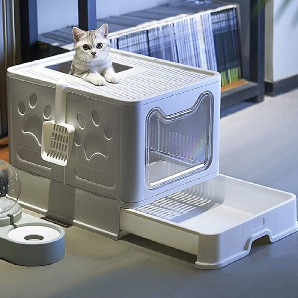 Premium Foldable Cat Litter Box with Lid and Scoop, Drawer-Style Design for Easy Cleaning - Self-Cleaning Cat Litter Solution (Gray)