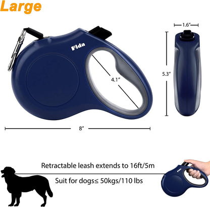 Retractable Dog Leash with Integrated Dispenser and Waste Bags, 16 Ft Leash for Large Dogs up to 110 Lbs, Anti-Slip Handle, Tangle-Free Design, Reflective Nylon Tape (Large, Navy Blue)