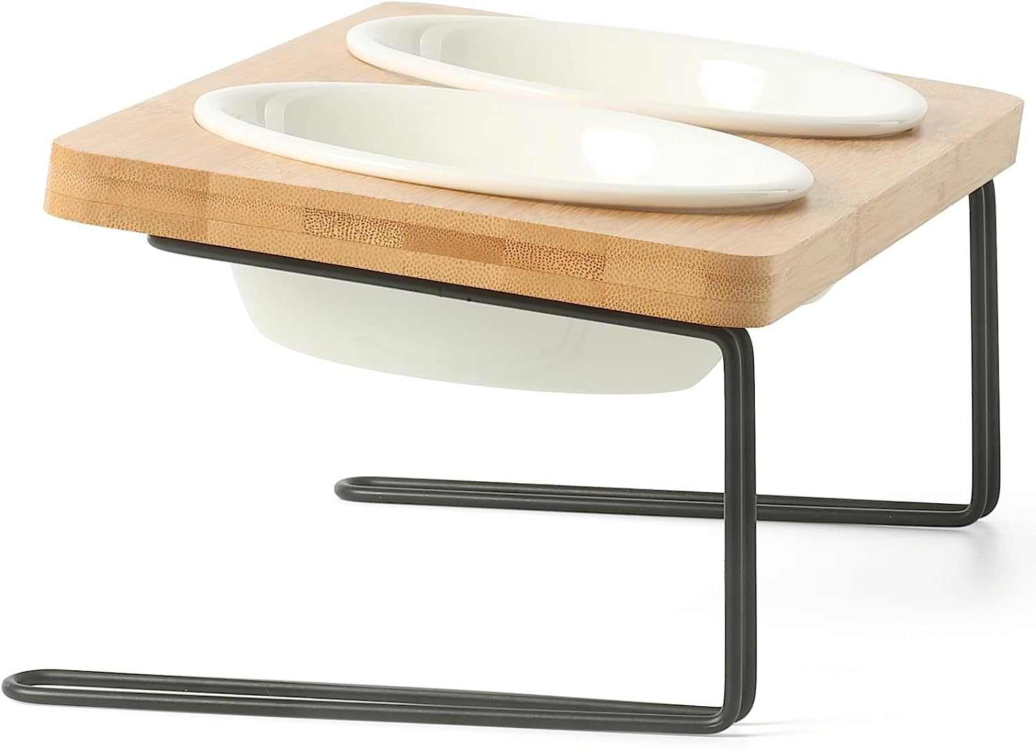 Elevated Ceramic Cat Bowls with 15° Tilted Design, Bamboo Stand Feeder Set for Cats and Small Dogs