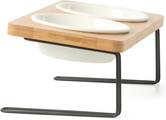 Elevated Ceramic Cat Bowls with 15° Tilted Design, Bamboo Stand Feeder Set for Cats and Small Dogs