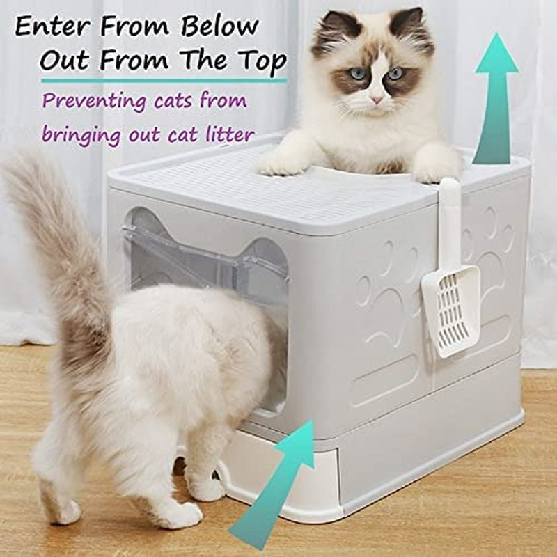 Premium Foldable Cat Litter Box with Lid and Scoop, Drawer-Style Design for Easy Cleaning - Self-Cleaning Cat Litter Solution (Gray)