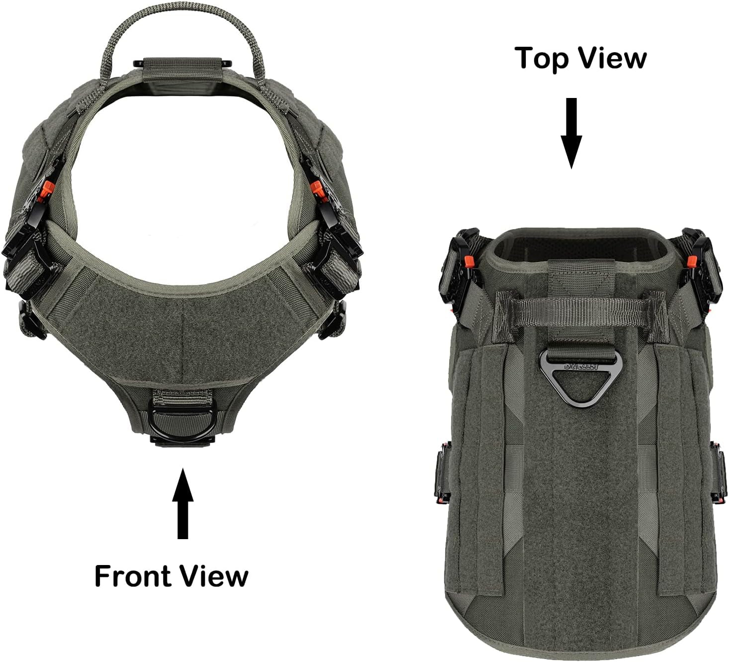 Professional Tactical Dog Harness with 4X Metal Buckles, MOLLE K9 Vest for Working Dogs, No-Pull Front Clip, Adjustable Large Dog Harness (Size L: 28"-35" Chest), Green