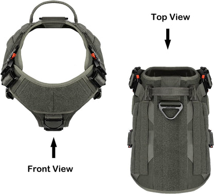 Professional Tactical Dog Harness with 4X Metal Buckles, MOLLE K9 Vest for Working Dogs, No-Pull Front Clip, Adjustable Large Dog Harness (Size L: 28"-35" Chest), Green