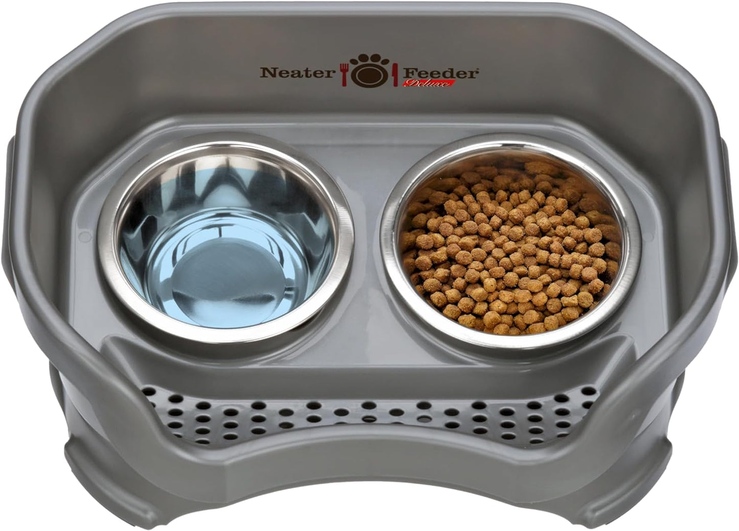 Neater Feeder Deluxe Elevated Dog Bowls for Small Dogs under 19 lbs - Made in USA, Spill-Proof Feeding Station with Food and Water Bowl Set, Gunmetal Finish