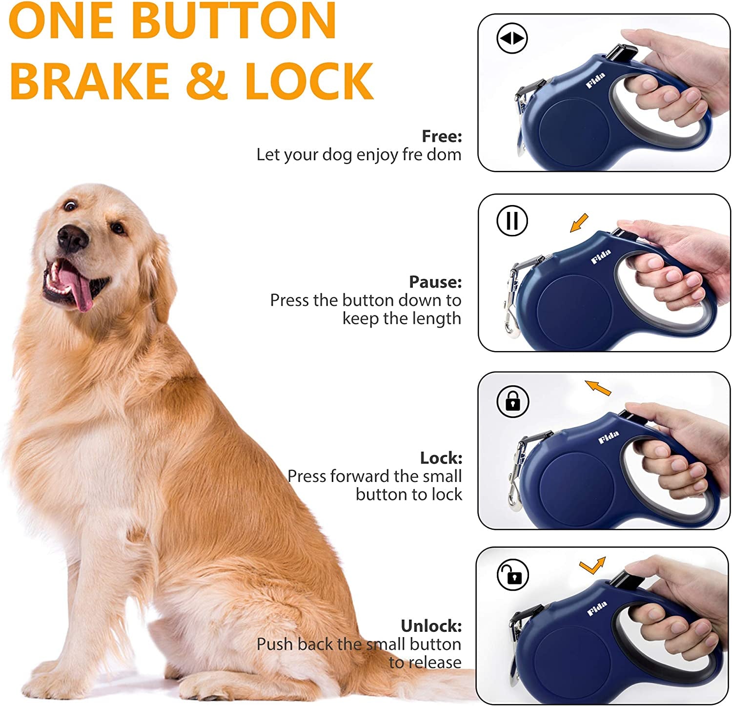 Retractable Dog Leash with Integrated Dispenser and Waste Bags, 16 Ft Leash for Large Dogs up to 110 Lbs, Anti-Slip Handle, Tangle-Free Design, Reflective Nylon Tape (Large, Navy Blue)