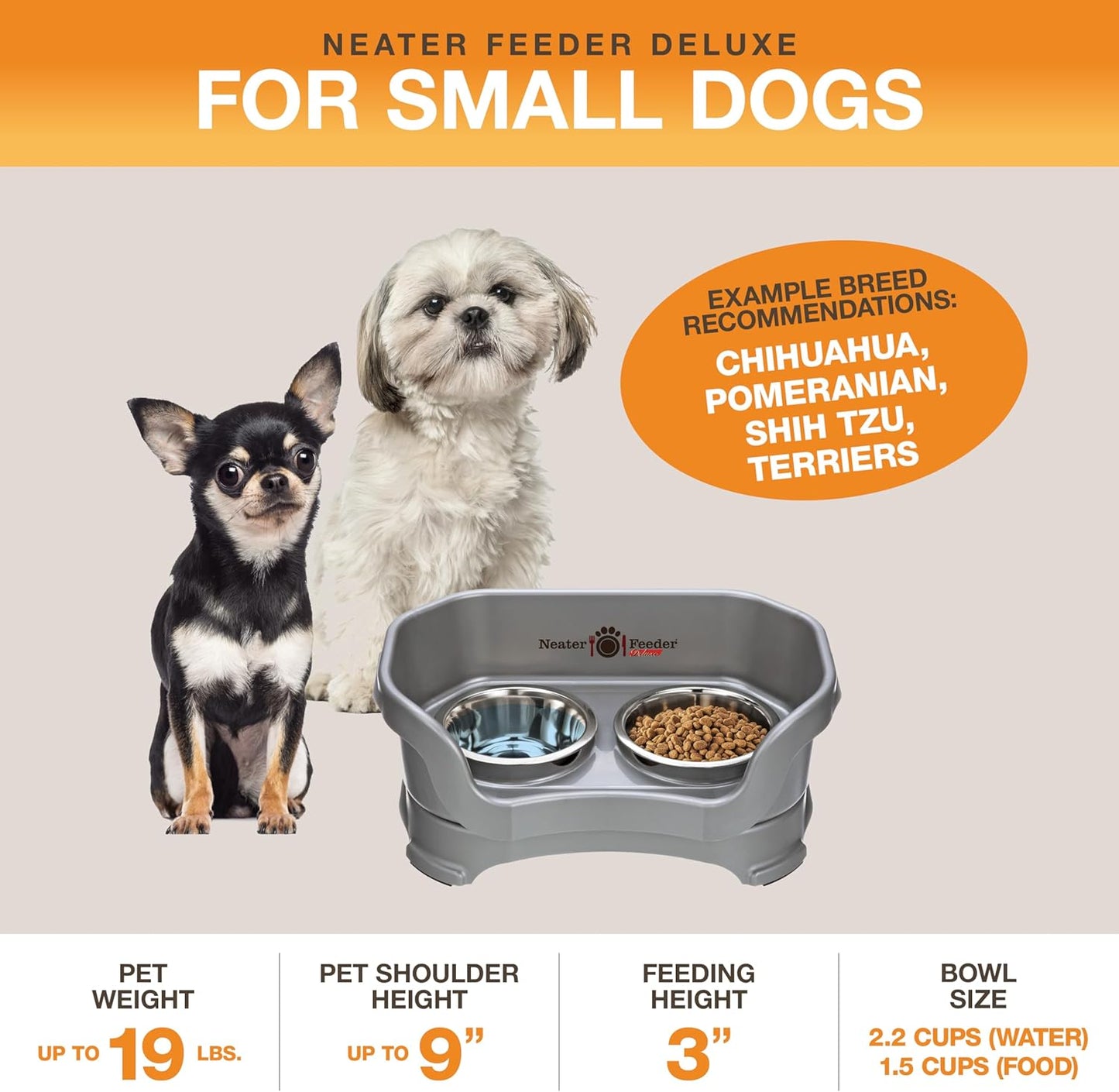 Neater Feeder Deluxe Elevated Dog Bowls for Small Dogs under 19 lbs - Made in USA, Spill-Proof Feeding Station with Food and Water Bowl Set, Gunmetal Finish