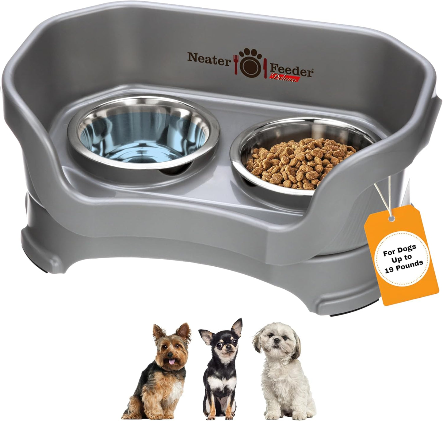 Neater Feeder Deluxe Elevated Dog Bowls for Small Dogs under 19 lbs - Made in USA, Spill-Proof Feeding Station with Food and Water Bowl Set, Gunmetal Finish