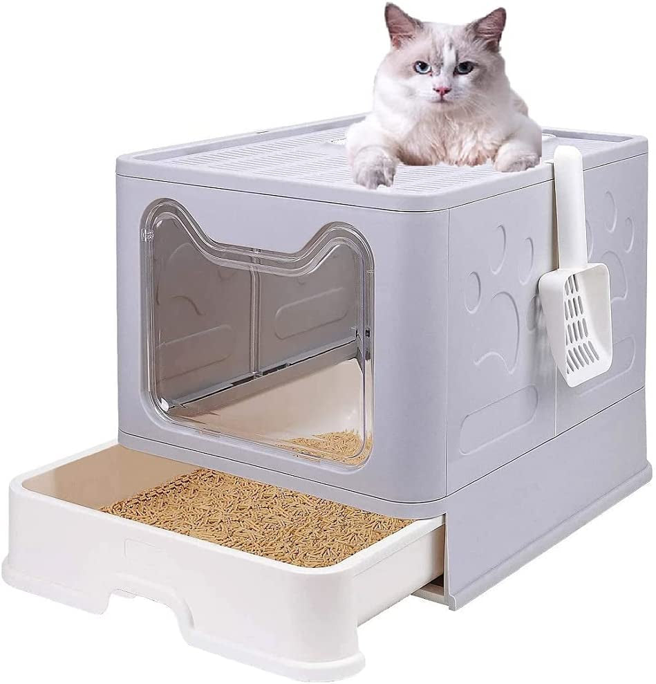 Premium Foldable Cat Litter Box with Lid and Scoop, Drawer-Style Design for Easy Cleaning - Self-Cleaning Cat Litter Solution (Gray)