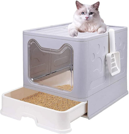 Premium Foldable Cat Litter Box with Lid and Scoop, Drawer-Style Design for Easy Cleaning - Self-Cleaning Cat Litter Solution (Gray)