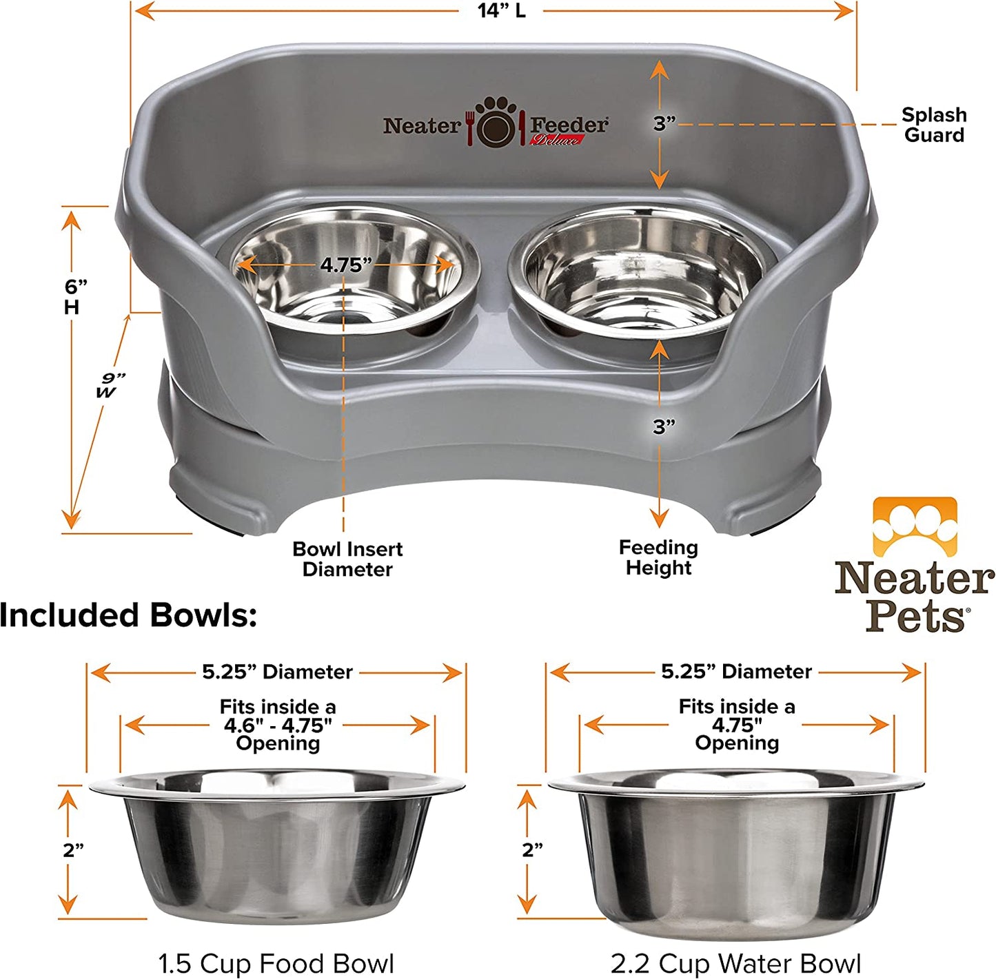 Neater Feeder Deluxe Elevated Dog Bowls for Small Dogs under 19 lbs - Made in USA, Spill-Proof Feeding Station with Food and Water Bowl Set, Gunmetal Finish
