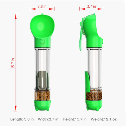 Multifunctional 4-in-1 Dog Travel Water Bottle with Food Container, Shovel, and Waste Bags - 500ml (Green)